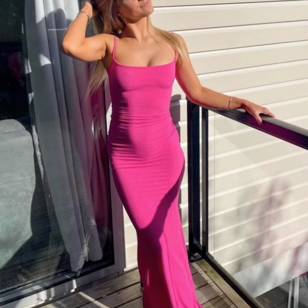 RARE Skims Ribbed Lounge Long Slip Dress Maxi - Hot Pink - Picture 5 of 8